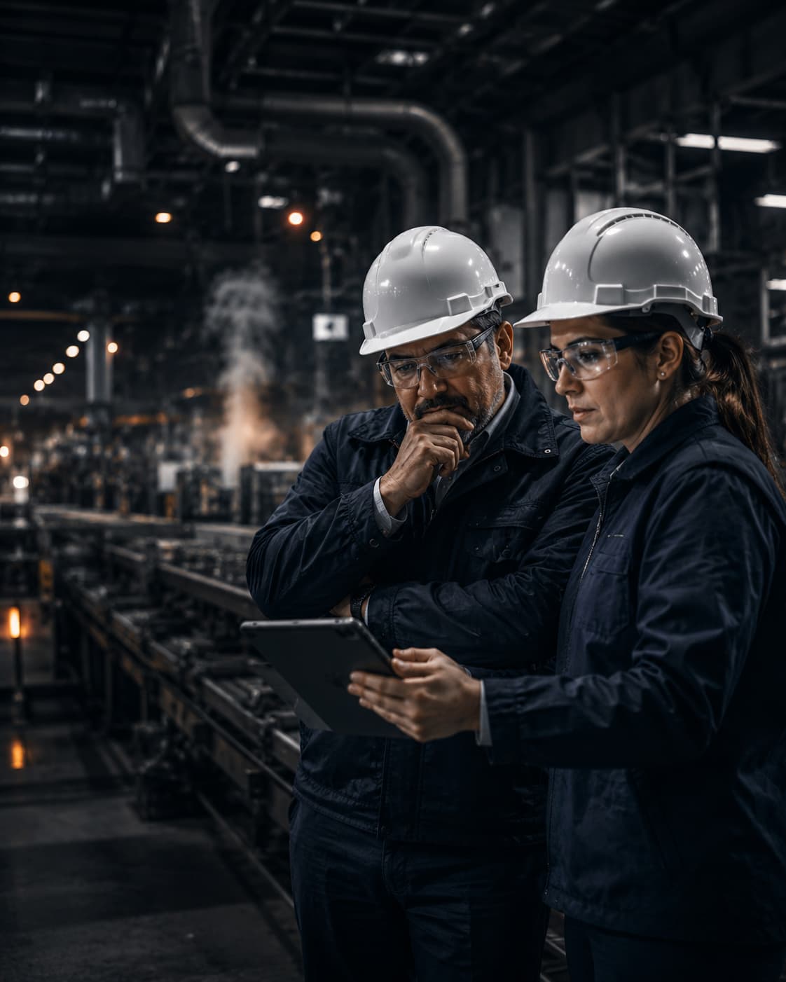 Líder operativo e ingeniero de planta analizando el desempeño de la operación